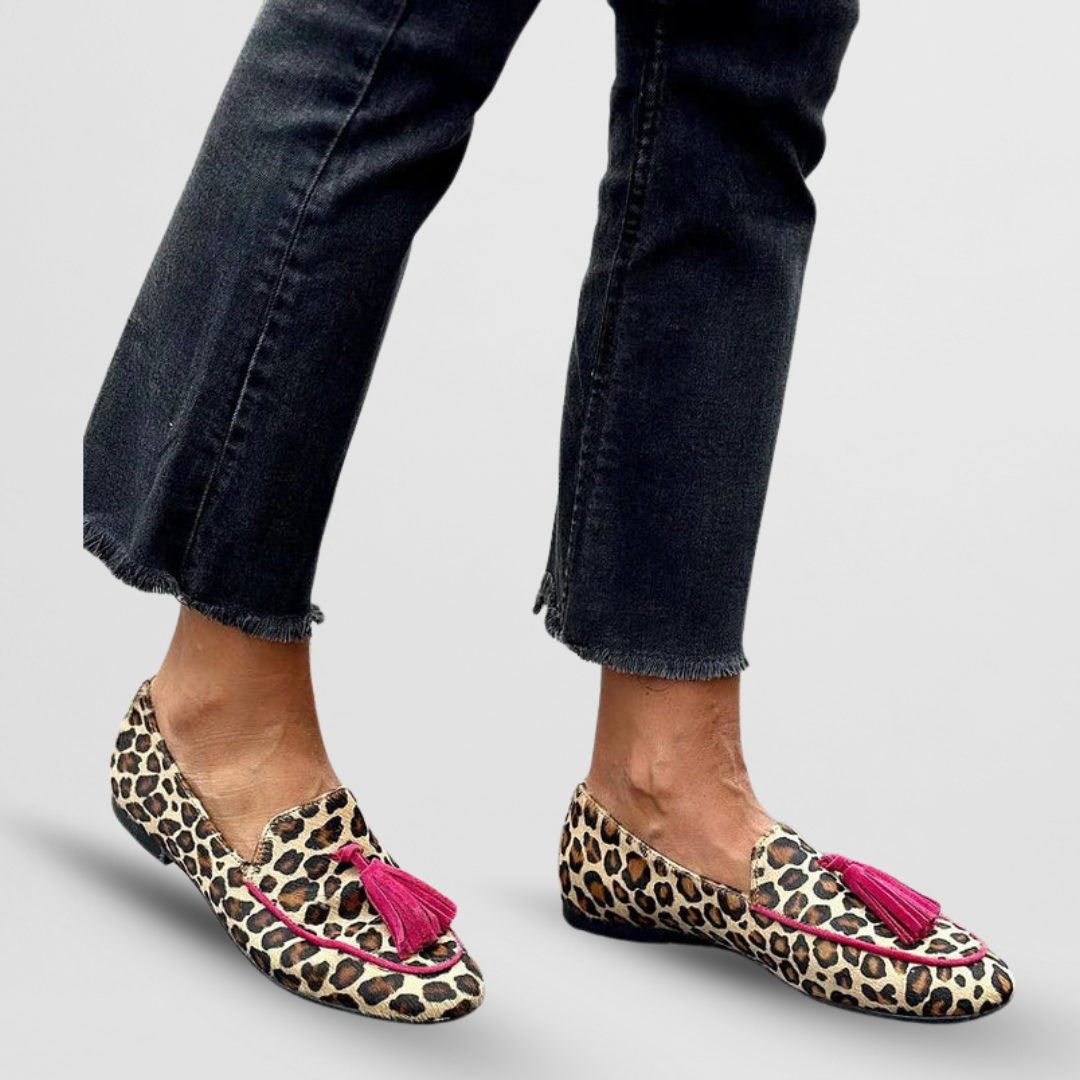 Monika | Slipper mit bunten Quasten und Print-Design
