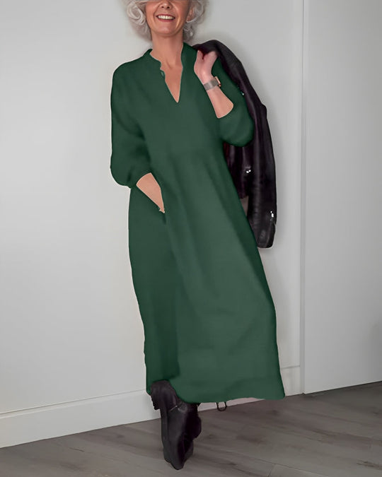 Amanda | Langes, tailliertes Kleid mit V-Ausschnitt