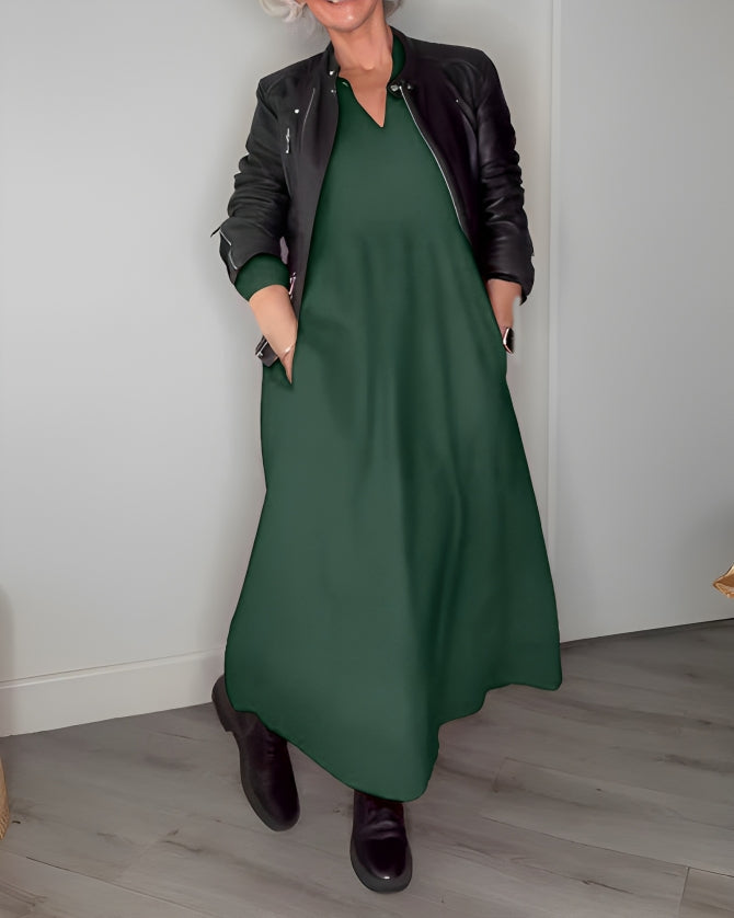 Amanda | Langes, tailliertes Kleid mit V-Ausschnitt