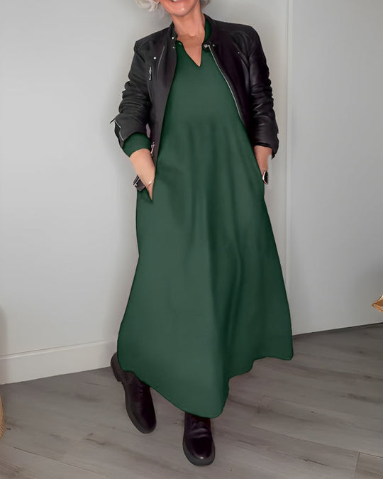 Amanda | Langes, tailliertes Kleid mit V-Ausschnitt