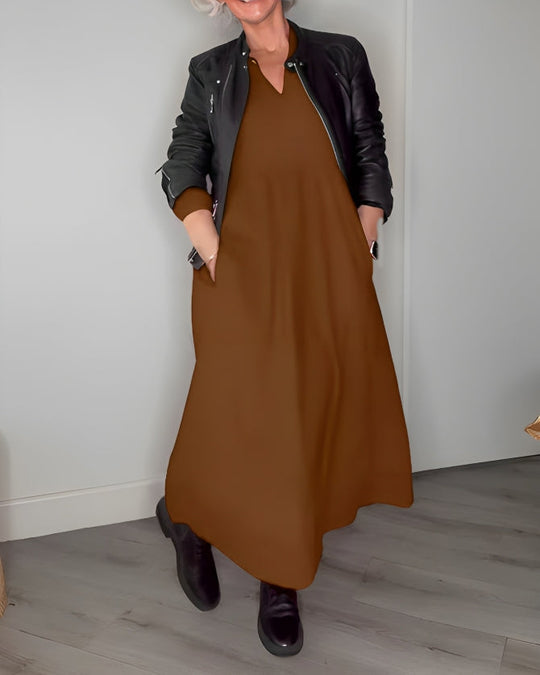 Amanda | Langes, tailliertes Kleid mit V-Ausschnitt