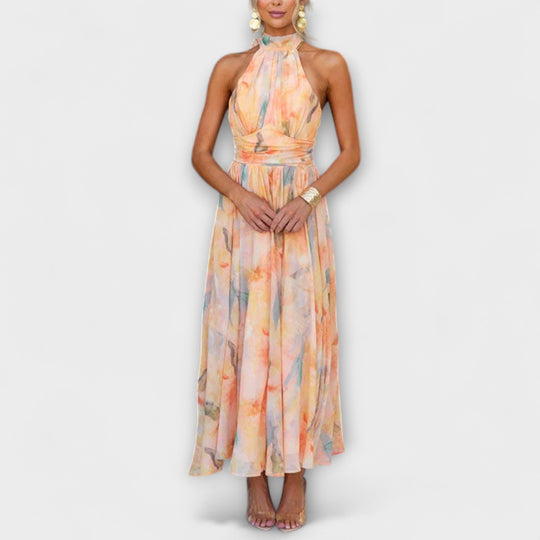 Emily | Fließendes Halterneck-Maxikleid mit offenem Rücken und Aquarelldruck