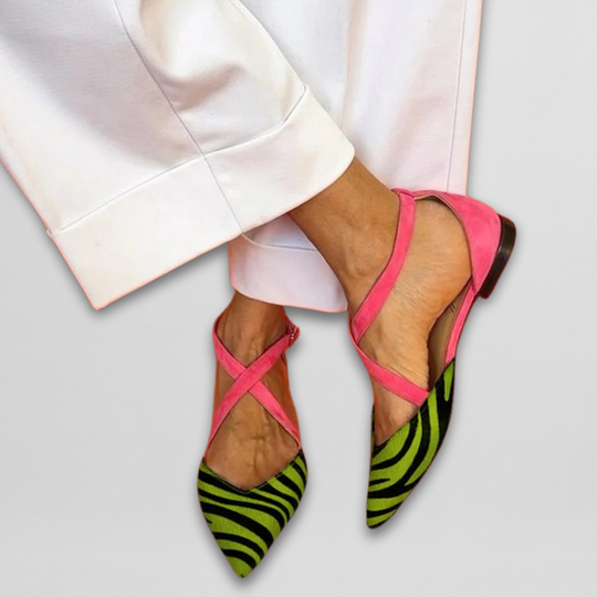 Hannelore | Riemchen-Ballerinas mit Zebramuster und Farbakzent