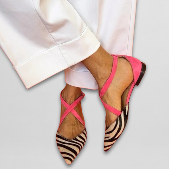 Hannelore | Riemchen-Ballerinas mit Zebramuster und Farbakzent