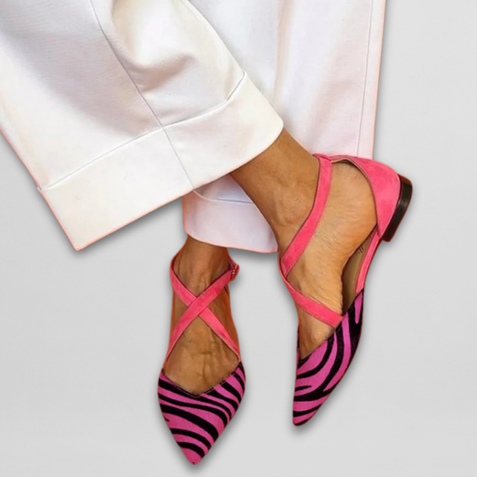 Hannelore | Riemchen-Ballerinas mit Zebramuster und Farbakzent