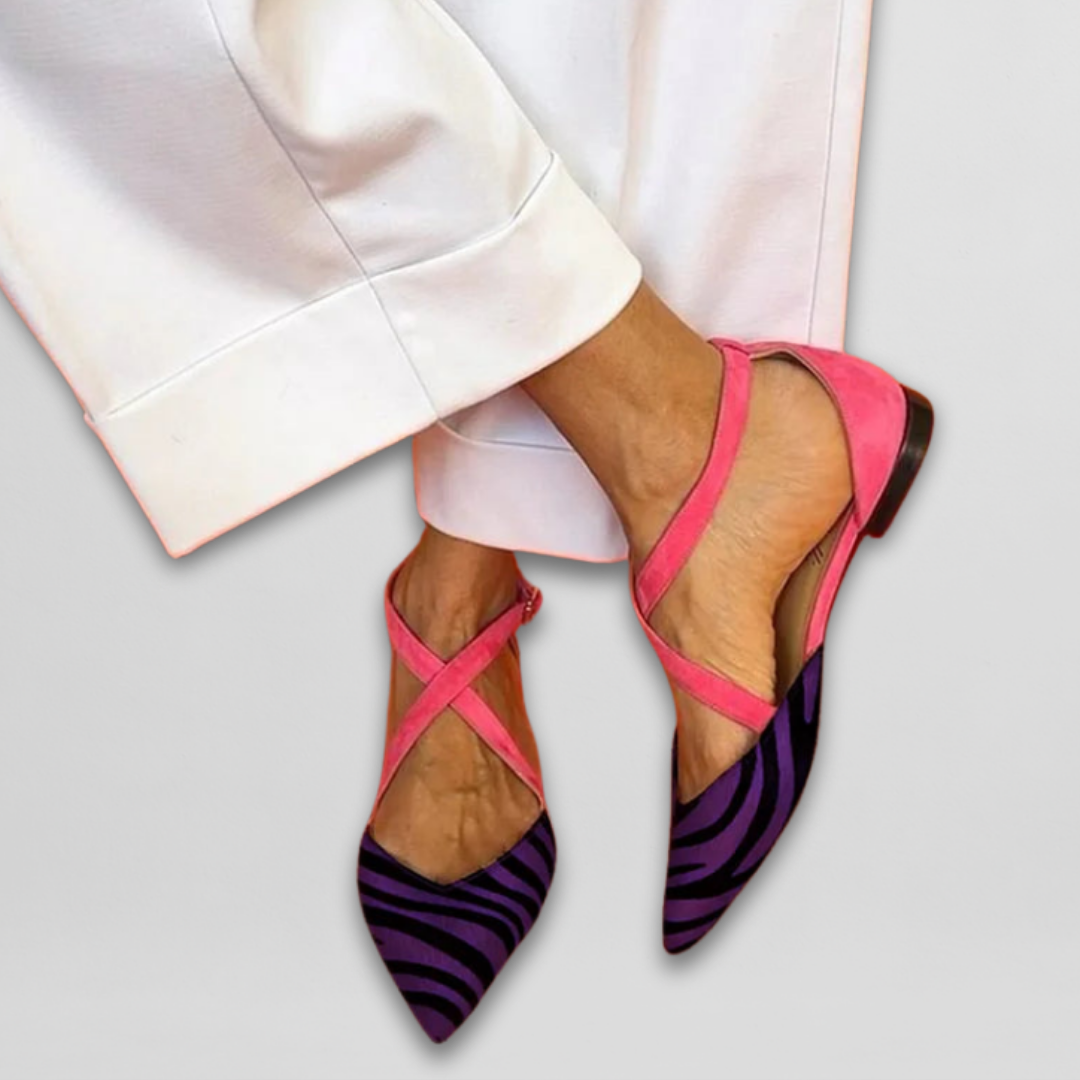 Hannelore | Riemchen-Ballerinas mit Zebramuster und Farbakzent