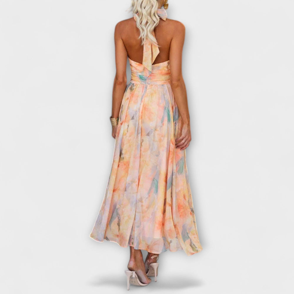 Emily | Fließendes Halterneck-Maxikleid mit offenem Rücken und Aquarelldruck