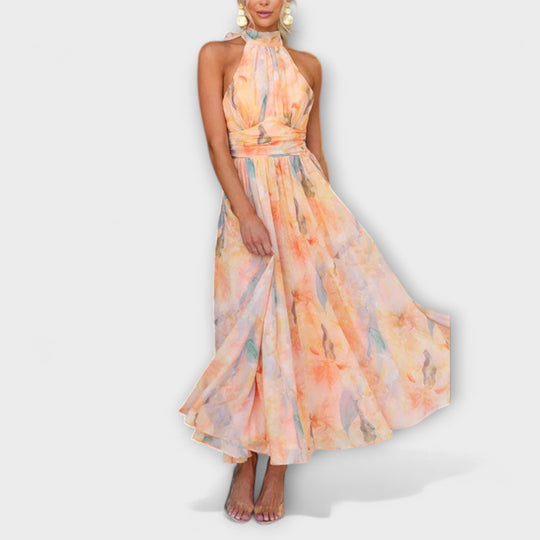 Emily | Fließendes Halterneck-Maxikleid mit offenem Rücken und Aquarelldruck