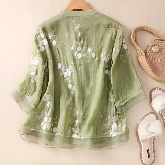 Emily | Elegantes Baumwolltop mit kunstvoll besticktem Blumenmuster