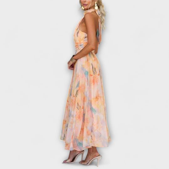 Emily | Fließendes Halterneck-Maxikleid mit offenem Rücken und Aquarelldruck