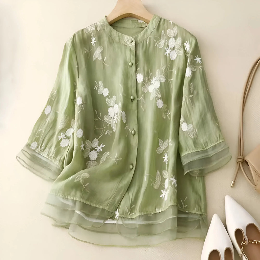 Emily | Elegantes Baumwolltop mit kunstvoll besticktem Blumenmuster