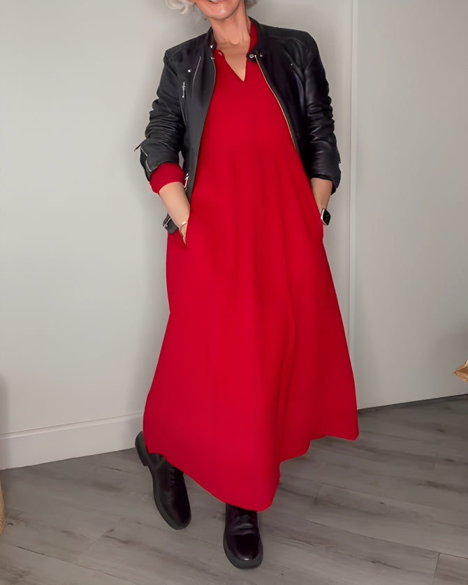 Amanda | Langes, tailliertes Kleid mit V-Ausschnitt