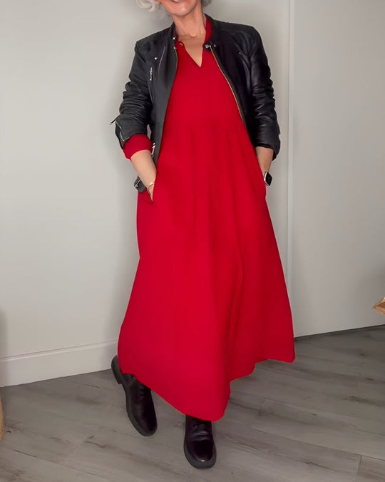 Amanda | Langes, tailliertes Kleid mit V-Ausschnitt
