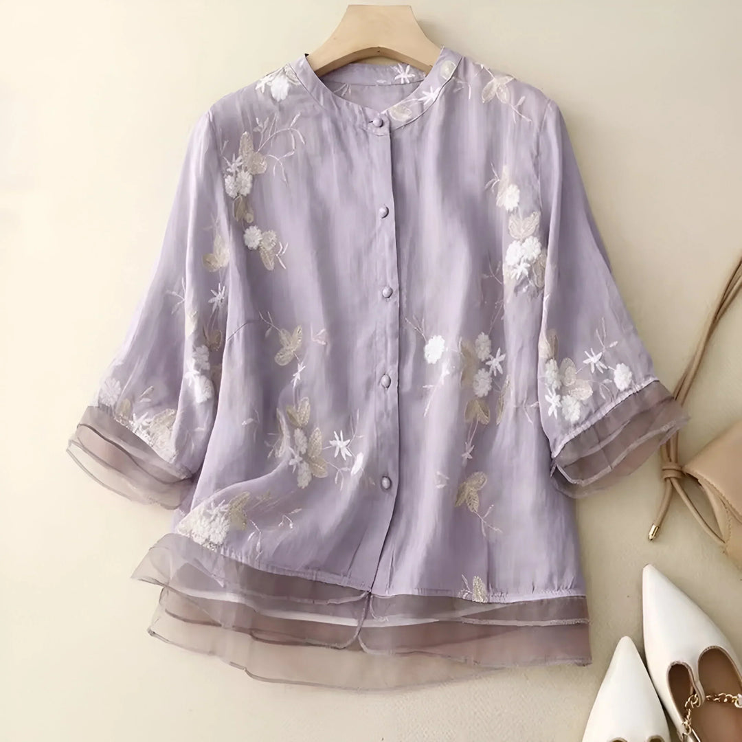 Emily | Elegantes Baumwolltop mit kunstvoll besticktem Blumenmuster