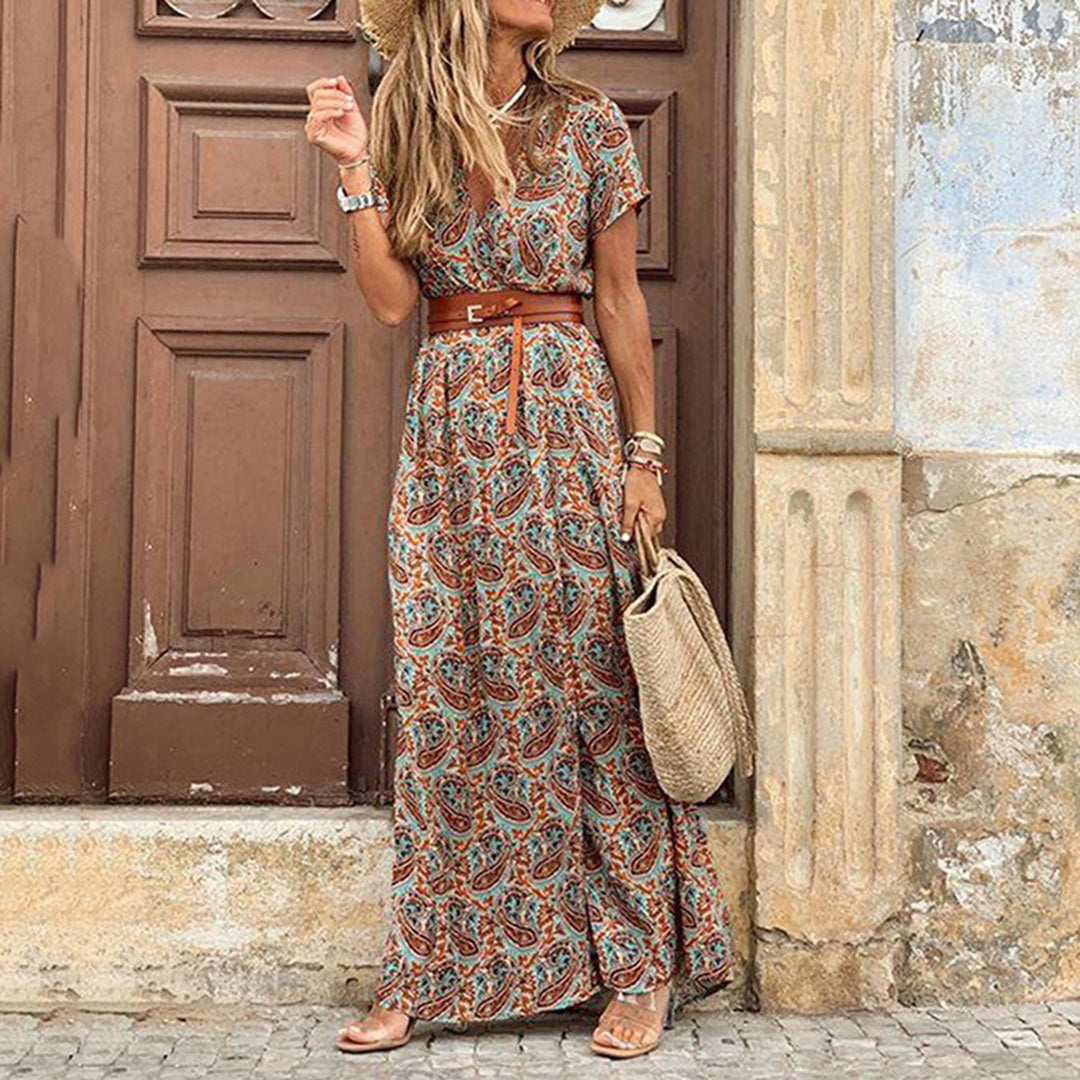 Vivienne | Langes Kleid mit V-Ausschnitt und Bindegürtel