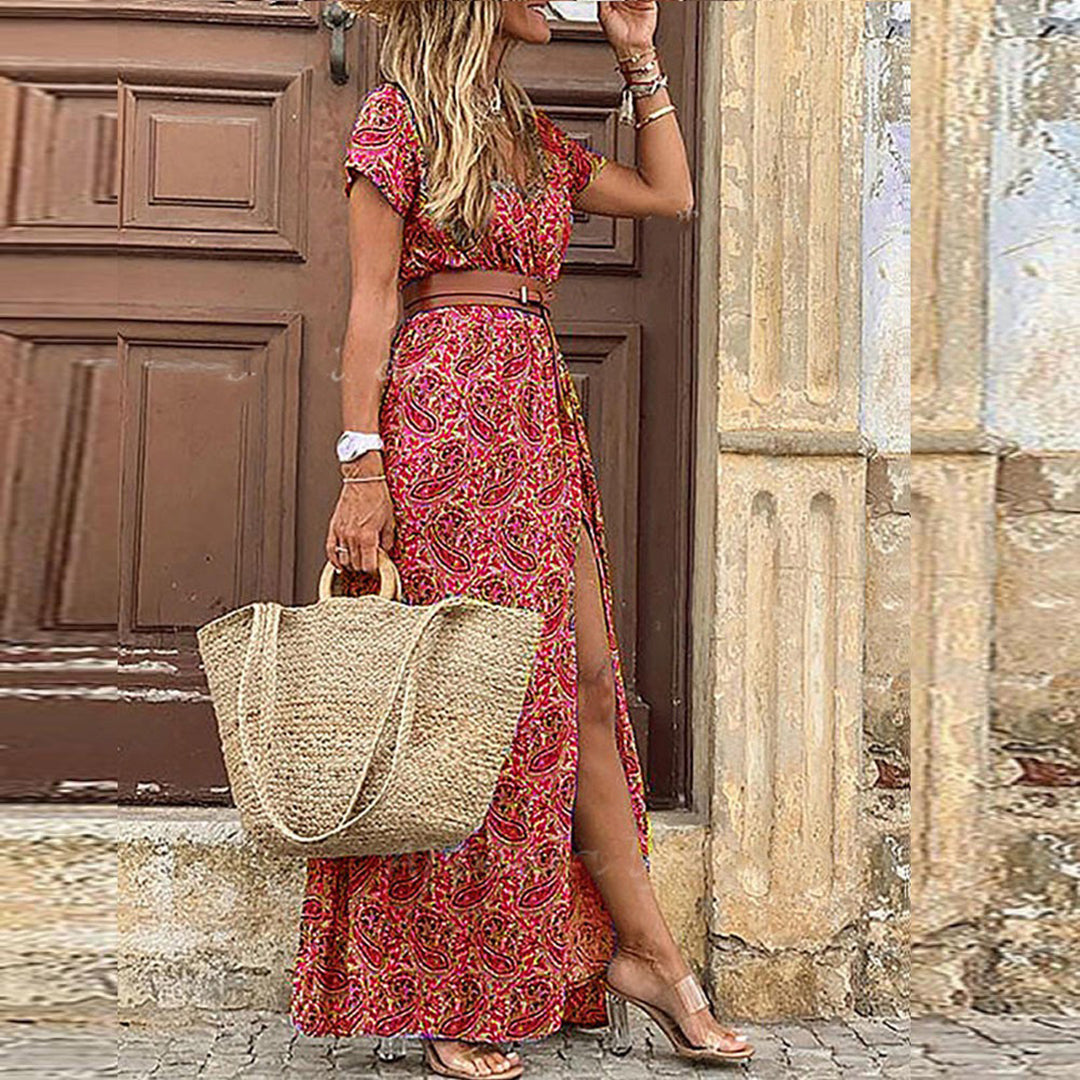 Vivienne | Langes Kleid mit V-Ausschnitt und Bindegürtel