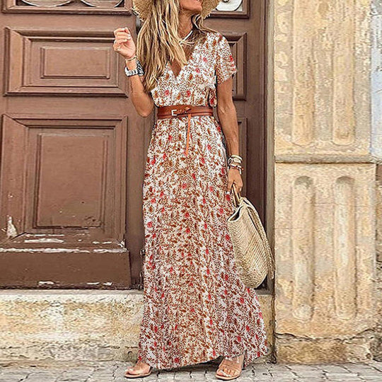 Vivienne | Langes Kleid mit V-Ausschnitt und Bindegürtel
