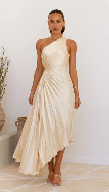 Lore | Elegantes One-Shoulder Midikleid mit fließenden Falten