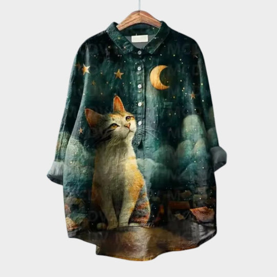 Birgit | Verspielte Oversize-Bluse mit Katzenmotiv