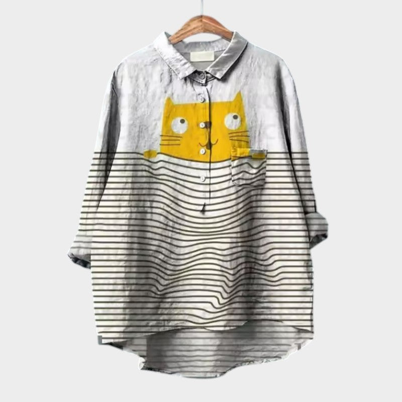 Birgit | Verspielte Oversize-Bluse mit Katzenmotiv
