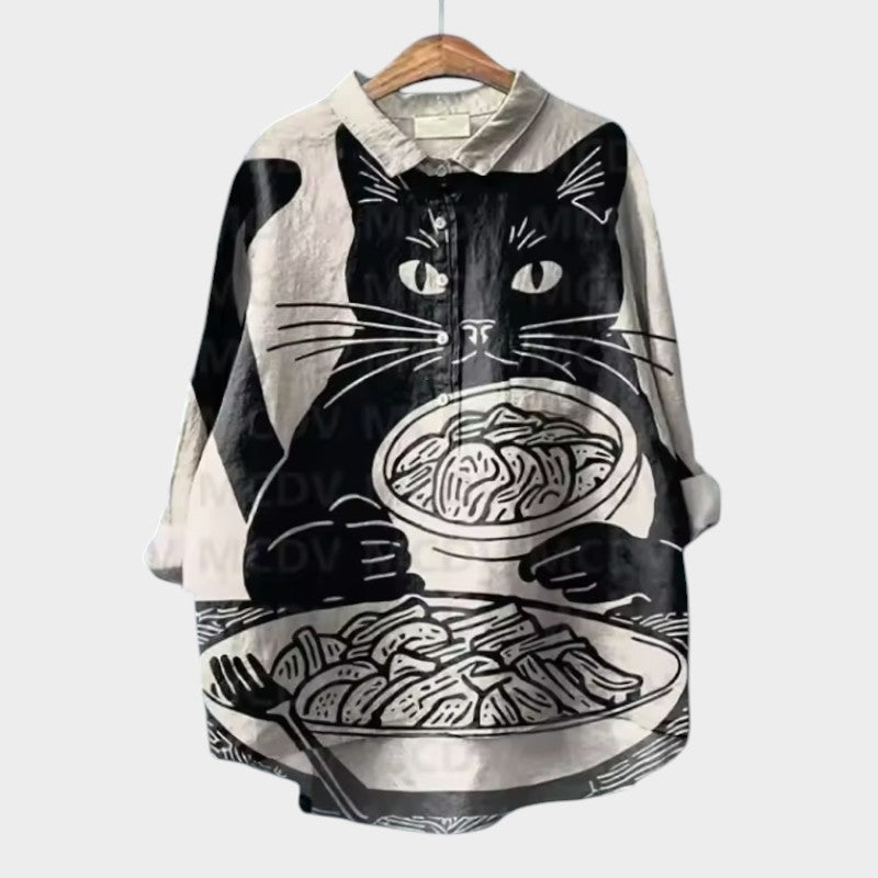 Birgit | Verspielte Oversize-Bluse mit Katzenmotiv
