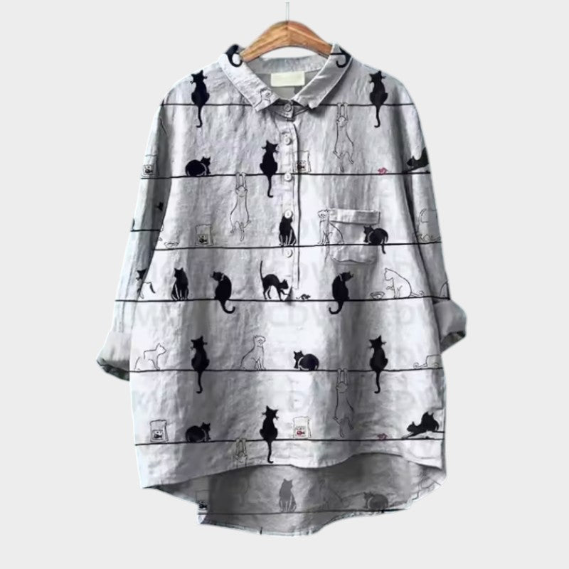 Birgit | Verspielte Oversize-Bluse mit Katzenmotiv
