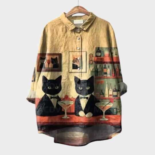 Birgit | Verspielte Oversize-Bluse mit Katzenmotiv