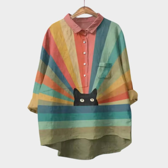 Birgit | Verspielte Oversize-Bluse mit Katzenmotiv
