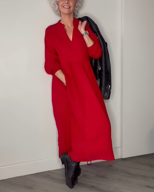 Amanda | Langes, tailliertes Kleid mit V-Ausschnitt